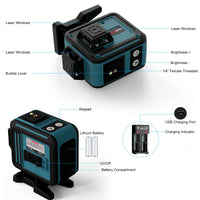 1 x RAW Customer Returns 40M Self-Levelling Laser Level, 3x360 Cross Green Laser Line, Pulse Mode Line Laser Levels, Horizontal and Vertical Self-Leveling 12 Lines, IP54 Waterproof with 2 Batteries Remote Control - RRP €58.25