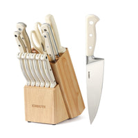 1 x RAW Customer Returns CAROTE knife set with knife block, 14-piece kitchen knife set, sharp steel knife set, chef s knife, professional knife set, chef s knife, bread knife, santoku knife, universal knife, paring knife, steak knife, scissors - RRP €59.0