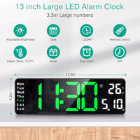 1 x RAW Customer Returns ORIA Digital Alarm Clock, 13 LED Wall Clock, Digital Modern Table Clock with Remote Control, Date Time Temperature, Brightness Dimmer, Timer, 2 Alarms, USB Cable - Green - RRP €27.22