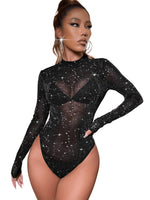 1 x RAW Customer Returns GORGLITTER Mesh Body Women s Long Sleeve Sheer Bodysuit Sexy Top with Glitter Party Outfit Clubwear Black M - RRP €31.25