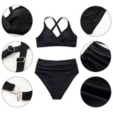 1 x RAW Customer Returns Mooncore Bikini Women Set High Waist Push Up Tummy Control Crossover Top Swimwear Two Piece Swimsuit Black, L  - RRP €26.22