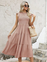 1 x RAW Customer Returns Yuson Girl Dress Women s Summer Dress Long Casual Round Neck Flutter Sleeve Maxi Dresses Summer Knee-Length Beach Dress Elastic Waist Long Dresses Tiered Ruffle A Line Dress Pink, L  - RRP €46.99