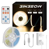 1 x RAW Customer Returns GINGSOW COB LED strip warm white 3000K with RF remote control and power supply, LED band 5m dimmable 24V flexible LED strip lights set CRI90 bright under-cabinet light for home DIY decoration, timer function - RRP €21.62