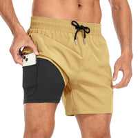 1 x Brand New Yaavii swimming shorts men s swimming trunks with compression liner 2 in 1 quick-drying beach trousers men board shorts with zip pockets khaki L - RRP €16.13