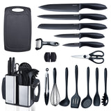 1 x RAW Customer Returns RAXCO kitchen knife sets with block, 18-piece kitchen utensils with 5-piece knife sets and 7-piece silicone spatula, kitchen helper sets, black - RRP €54.99