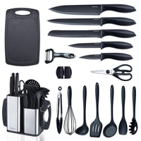 1 x RAW Customer Returns RAXCO 18-piece kitchen utensil sets, 5-piece knife sets, 7-piece silicone cooking utensil sets, cooking spoon set, kitchen scissors, scissor grinder, cutting board - RRP €69.79