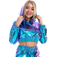 1 x RAW Customer Returns IMEKIS Women s Shiny Metallic Long Sleeve Hooded Sweatshirts Crop Top Wetlook Casual Pullover with Drawstring Holographic Hip Hop Nightclub Performance Dancewear Laser Blue S - RRP €28.38