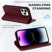 1 x RAW Customer Returns SHIELDON Case for iPhone 14 Pro 5G Cell Phone Case 3 Card Slots Genuine Cowhide Leather Stand Function RFID Lock Soft TPU Flip Case Bag Compatible with iPhone 14 Pro 6.1 - Wine Red - RRP €30.99