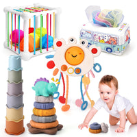 4 x Brand New Konijiwa 5 in 1 Baby Toys Montessori Toy Set with Baby Tissue Box Toy, Stacking Toy, Shape Sorting Box, Stacking Cup, Sensory Toy from 6 9 12 Months 1 2 3 Years - RRP €80.24