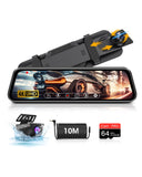 1 x RAW Customer Returns 4K Dash Cam Mirror 10 IPS Touch Screen Car Rearview Mirror with 64G SD Card Adjustable Reversing Line IP69 Waterproof Car Rear View Camera with WDR Type-C G Sensor 10M Cable - RRP €88.51