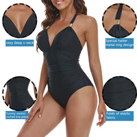 1 x RAW Customer Returns Women s Tummy Control One Piece Swimsuit Slimming Swimwear V-Neck Internal Non-Removable Pads Swimsuits Sports Swimsuit Backless Ruched Swimwear Black, L  - RRP €21.99