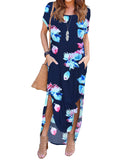 3 x Brand New AUSELILY Women s Summer Maxi Dress Short Sleeve Summer Dress Casual Dress Long with Slit Beach Dress T-Shirt Dress with Pockets Floral Navy Pink M - RRP €66.72