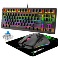 1 x RAW Customer Returns TKL Wired Mechanical Gaming Keyboard and Mouse Set with 87 Keys 3 in 1, Multiple RGB LED Modes 6 Programmable Buttons, 6400dpi Mouse with Mouse Pad for Mac, PS4,PS5, Xbox Black  - RRP €32.99