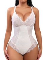 1 x RAW Customer Returns FeelinGirl Shapewear Women s Tummy Control Lace Bodysuit V-Neck Shaping Underwear Figure-Shaping Overbust Body Shaper Thong Body Crotch with Hooks White L - RRP €46.99