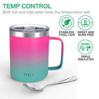 1 x RAW Customer Returns THILY Stainless Steel Vacuum Insulated Travel Mug with Handle, Leak-Proof Lid, Keeps Coffee Cold or Hot, Ombre Pink Green - RRP €21.17