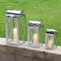 1 x RAW Customer Returns TRIROCKS Set of 3 Stainless Steel Candle Lanterns 28 38.5 52 cm Tall Metal Candle Holders with Tempered Glass for Home Decoration Living Room Parties Events Indoor Outdoor Silver  - RRP €95.78