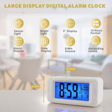 1 x RAW Customer Returns Plumeet Electronic Alarm Clock with Sensor Light, Glows All Night, 4-inch LCD Screen with Time, Alarm Time, Date, Bedside Alarm Clock with Snooze Suitable, Battery Operated White  - RRP €14.51