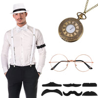 1 x RAW Customer Returns 1920s Men s Costume Accessory Set Roaring Retro Gangster Costume, Hat, Bow Tie, Tie, Pocket Watch, Suspenders, Glasses, Beard, Sleeve Holder, Tie Clips Simple Style, White  - RRP €21.42