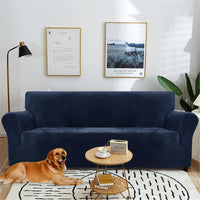 1 x RAW Customer Returns YSTELLAA Velvet Sofa Cover 4 Seater, Stretch Sofa Cover, Sofa Protector Non-Slip, Elastic Couch Cover, Sofa Cover With Armrests, Couch Covers Sofa Protector Cat Couch Throw, Dark Blue - RRP €45.99