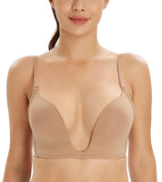 1 x RAW Customer Returns Lemorosy - Women s Non-Wired U-Shaped Deep Neckline Bra Lightweight Padded Push Up Multi-Position Bra 95D,Beige  - RRP €23.18