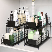 1 x RAW Customer Returns Under Sink Shelf, 2 Tier Kitchen Cabinet Organizer with Stainless Steel Tube, Sink Cabinet, Under Cabinet Organizers and Storage with 2 Basket Pull-Outs, Extendable, Cabinet Baskets for Kitchen, Bathroom - Black - RRP €31.99