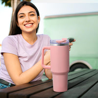 1 x RAW Customer Returns Livole 40oz 1200ml drinking cup with lid and straw, stainless steel thermal mug with handle, double-walled coffee mug to go, vacuum insulated tumbler mug for camping, sports, car, office, light pink - RRP €25.2