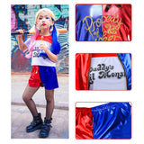 1 x RAW Customer Returns Generico Harley Costume for Girls, Cosplay Complete with Harley, Embroidered Jacket for Girls, T-Shirt, Shorts, Glove Collar, Harley Suicide Costume 140, Child  - RRP €19.2