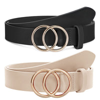 1 x RAW Customer Returns SUOSDEY 2 Pack Leather Belt Soft Leather Ladies Belt with Round Buckle Two Rings, Jeans Belt for Women, Black Beige - RRP €20.16