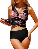 1 x RAW Customer Returns UMIPUBO Tankini Women Tummy Control Sexy V-Neck Swimsuit Sets Plus Size Push up Swimwear High Waist Bikini Set Swim Trunks Black Flower, XXL  - RRP €29.65