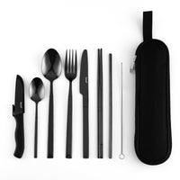 1 x RAW Customer Returns Travel cutlery, hecef 9-piece camping cutlery with compact case, reusable 18 0 stainless steel cutlery, practical cutlery set for work, school, camping and travel black  - RRP €19.15