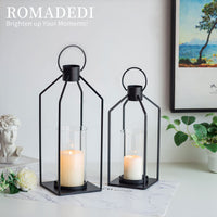 2 x Brand New Romadedi Farmhouse Candle Lantern Outdoor Decor, Set of 2 Modern Decorative Black Metal Lanterns for Home Decor, Porch, Patio, Tabletop, Fireplace, Garden, Hurricane - RRP €59.98