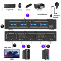 1 x RAW Customer Returns Switch KVM USB 3.0 Displayport 4K 144Hz, KVM Switch 2 PC 1 Monitor 8K 30Hz, DP KVM Switch 2 in 1 Out for 2 PC Parti 4 dispositivi USB 3.0 Tastiera Mouse Monitor con Wired Remote - RRP €57.13