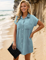 1 x RAW Customer Returns Zilcremo denim dress women summer short sleeve button down short denim dress blouse dress shirt dress summer dress blue cloud XXL - RRP €39.31