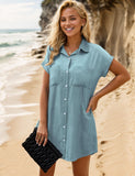 1 x RAW Customer Returns Zilcremo denim dress women summer short sleeve button down short denim dress blouse dress shirt dress summer dress blue cloud XXL - RRP €39.31