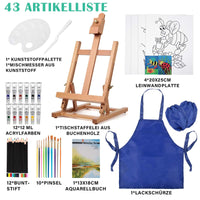 1 x RAW Customer Returns COOZEE 43-piece painting set with table easel, acrylic painting starter set with 12 acrylic paints, 12 colored pencils, brushes, canvas boards and watercolor pad for beginners hobby painters - RRP €41.34