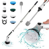 1 x RAW Customer Returns Cordless Rotating Electric Bathroom Toilet Scrubber with 8 Replaceable Heads, Shower and Toilet Cleaning Brush with Adjustable Handle White  - RRP €69.99