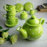 1 x Brand New City to Cottage - Ceramic tea set for 4 Green and white Polka dots Handmade Ceramic teapot 1.7 liters, milk jug, sugar bowl, 4 teacups with saucers - RRP €20.4