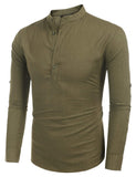 1 x RAW Customer Returns COOFANDY Linen Shirt Men Long Sleeve Shirt Men Cotton Long Sleeve Shirt Leisure Regular Fit Henley Stand Collar Shirt Army Green L - RRP €30.98