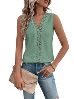 1 x RAW Customer Returns GORGLITTER Lace Tops Women s Tank Top with V Neck Lace Top Elegant T-Shirt with Eyelet Embroidery Summer Top Loose Mint Green L - RRP €26.21