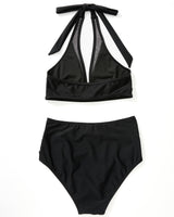 1 x RAW Customer Returns RXRXCOCO Women s Mesh Halter Backless Tummy Control High Waist Bikini Set Push Up Sexy V Neck Two Piece Swimsuits Swimwear Black Size L - RRP €36.99