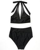 1 x RAW Customer Returns RXRXCOCO Women s Mesh Halter Backless Tummy Control High Waist Bikini Set Push Up Sexy V Neck Two Piece Swimsuits Swimwear Black Size XL - RRP €40.33