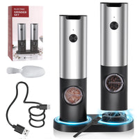 1 x RAW Customer Returns ZOYIDOUX electric salt and pepper mill set of 2, rechargeable pepper and salt mill, with double charging station, brush, stainless steel spoon, LED light, adjustable coarseness, one-hand operation, stainless steel - RRP €25.96