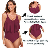 1 x Brand New Donppa Women s Swimdress Flounces Tummy Control One-Piece Swimsuit V-Neck Bikini Swimwear Tummy Control Falbala Ruffles Plum M - RRP €20.36