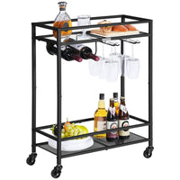 1 x RAW Customer Returns MAHANCRIS Serving trolley, glass shelves, 2 levels trolley with wine rack, wheels, kitchen trolley, bar trolley, wine trolley, 63 x 28 x 82 cm, for small spaces, kitchen, dining room, bar, black ARCH63B01 - RRP €31.97