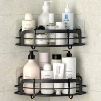 1 x RAW Customer Returns STEUGO corner shelf shower without drilling, black shampoo holder, bathroom shower storage with 4 hooks, 2 pieces, stainless steel - RRP €20.12