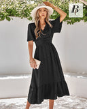 1 x RAW Customer Returns BebreezChic Summer Dress Women Long Boho Elegant Short Sleeve V-Neck High Waist Swiss Dot Ruched Floral Beach Dress Maxi Dress, Black S - RRP €46.99