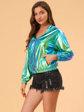 1 x RAW Customer Returns Allegra K Women s Blouse Long Sleeve Metallic Jacket Holographic Party Zipper Hooded Jacket Blue Green M - RRP €54.44