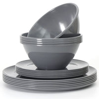 1 x Brand New Youngever Set of 18 Plastic Tableware, Plates 20CM 25CM , Bowls 1000ML , Service for 6 Dark Grey  - RRP €43.41