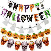 1 x Brand New CYIOU Pack of 4 Halloween Banners Halloween Decoration Set Happy Halloween Decoration Pumpkin Ghost Skull Banner for Halloween Party Haunted House Scary Decoration Reusable - RRP €30.0