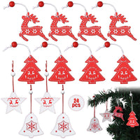 1 x Brand New Wooden Christmas pendants, 24 pieces of Christmas tree decorations, various Christmas tree decorations pendants made of wood, red deer, red Christmas tree, white bells, white five-pointed star - RRP €20.4